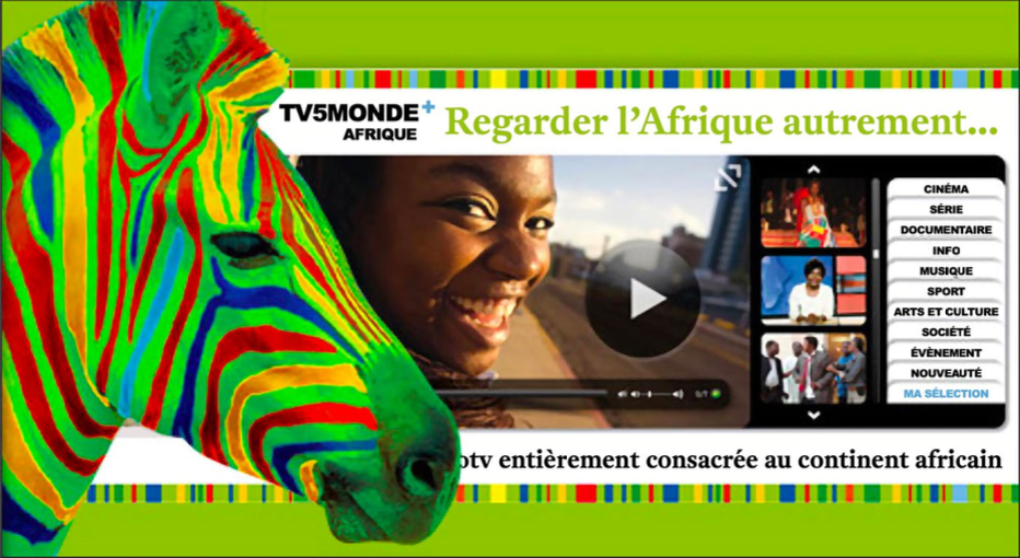 Bunt gestreiftes Zebra links, Bildschirm mit lächelnder Person und Schriftzug 'Regarder l'Afrique autrement'